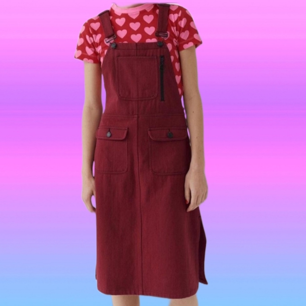 LAZY OAF Maroon Denim Dungaree Overall Midi Dress